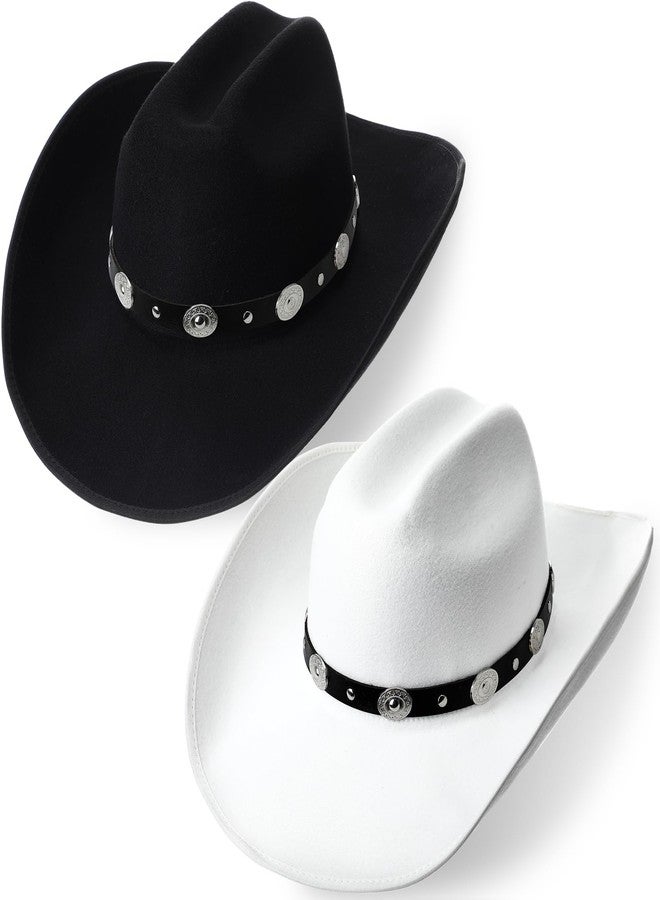 Cotwinter 2 Packs Cowboy Hat for Men Women with Shapeable Wide Brim Buckle Belt Western Felt Cowgirl Hat in Black White, M(Retro Style) - Image 1